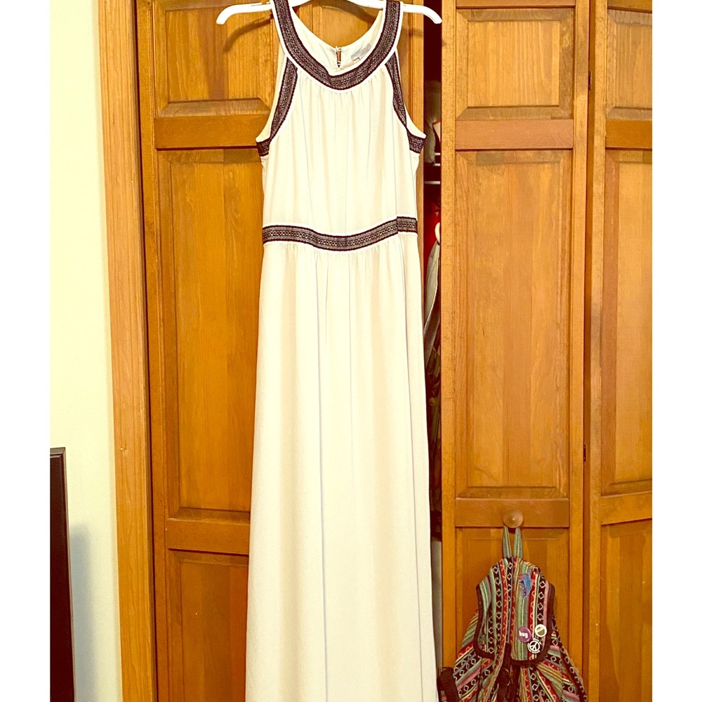 White maxi dress with black lace trim